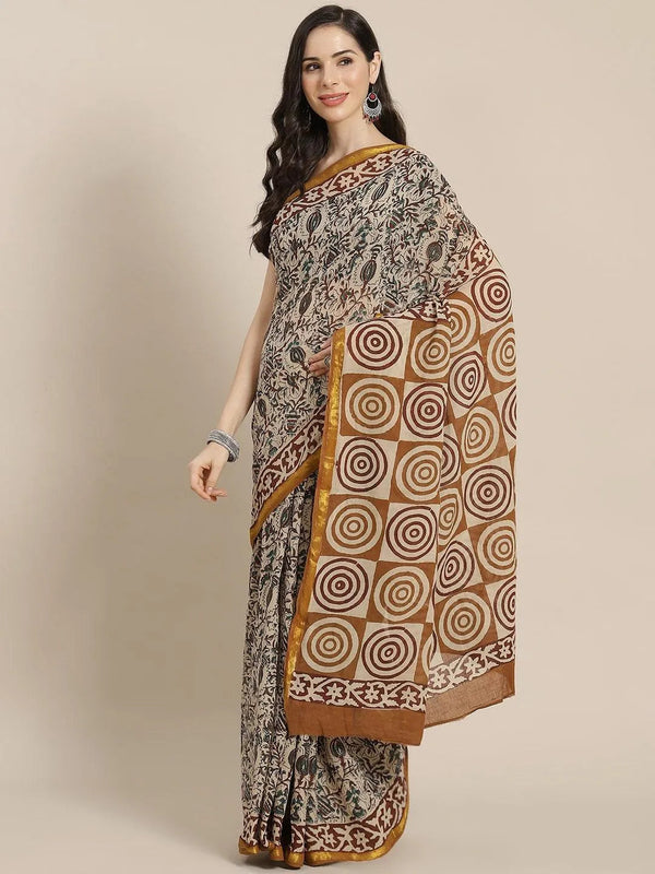 Beige Printed Cotton Saree - Jashvi