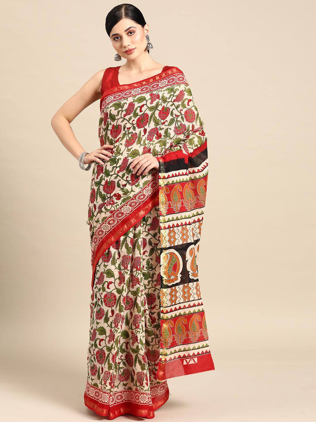 Beige Printed Cotton Saree - Jashvi