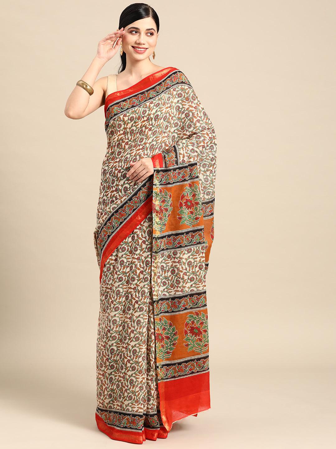 Beige Printed Cotton Saree - Jashvi