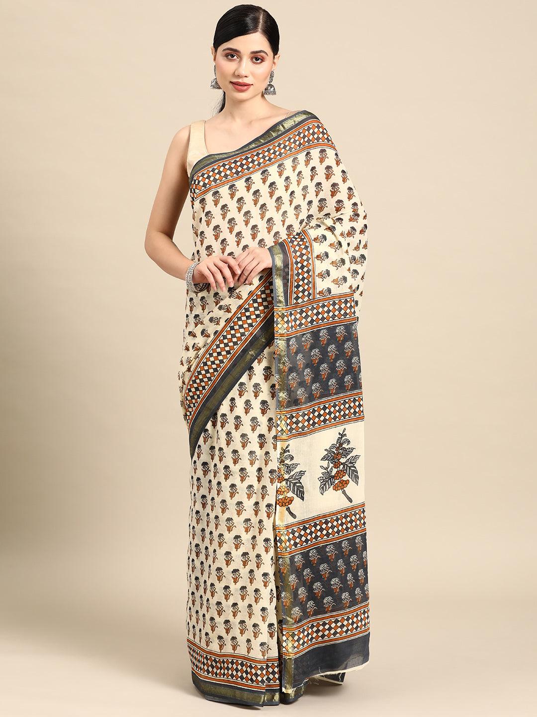 Beige Printed Cotton Saree - Jashvi