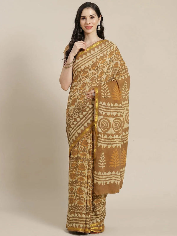 Beige Printed Cotton Saree - Jashvi