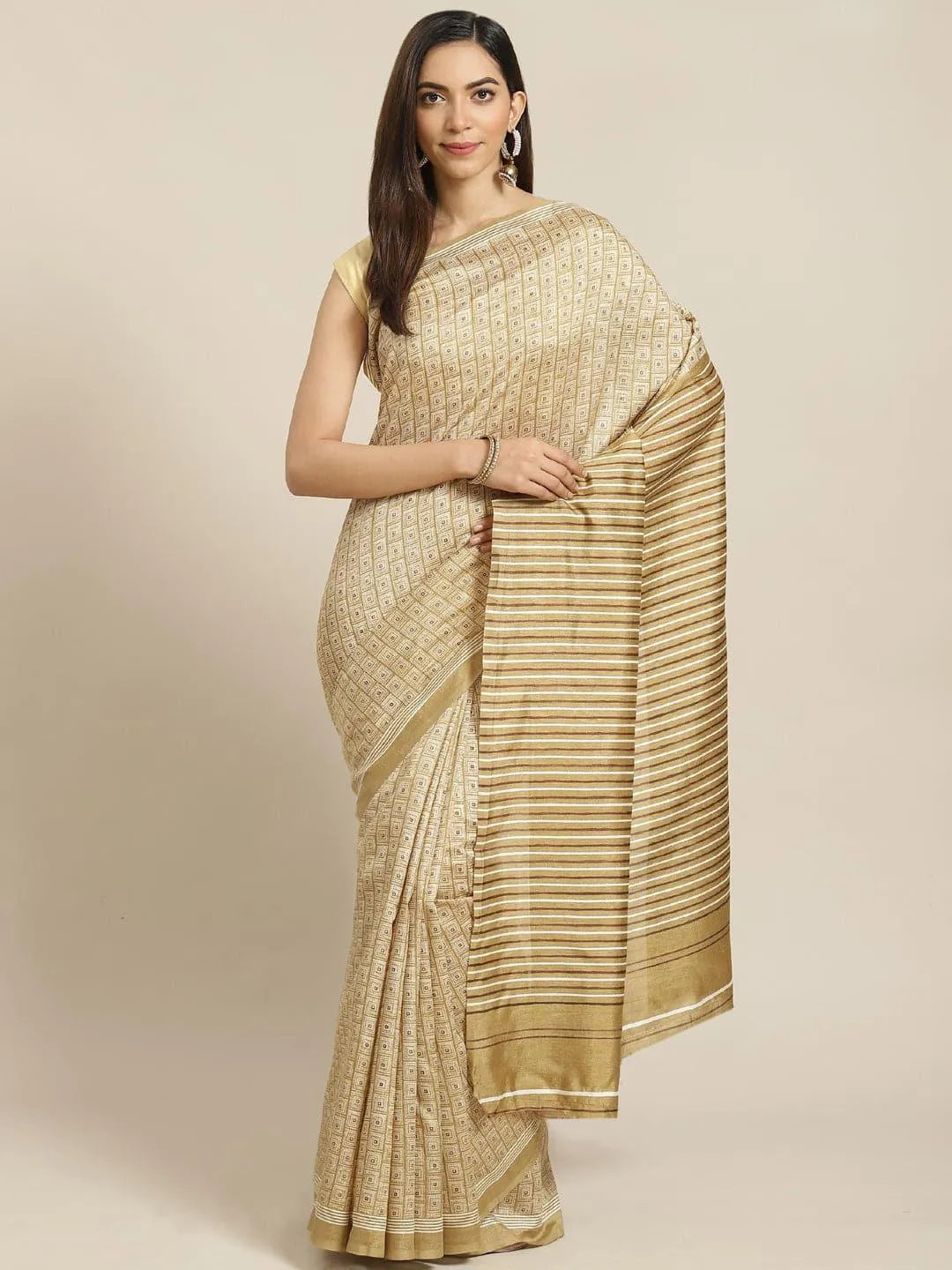 Beige Printed Cotton Silk Saree - Jashvi