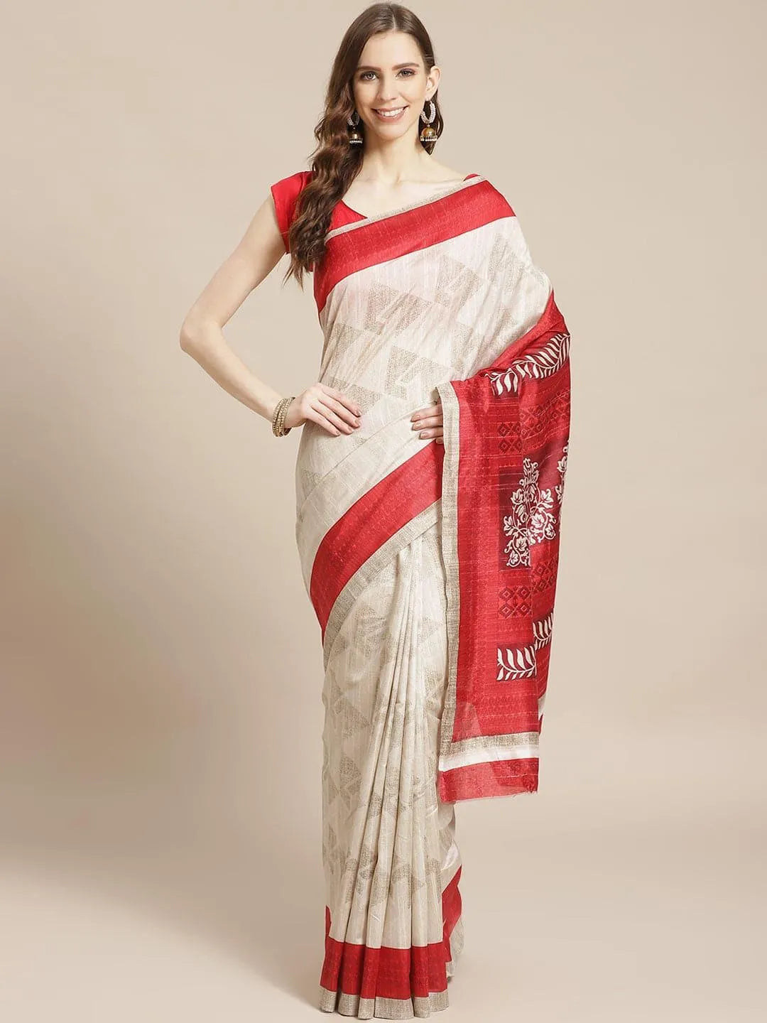 Beige Printed Cotton Silk Saree - Jashvi