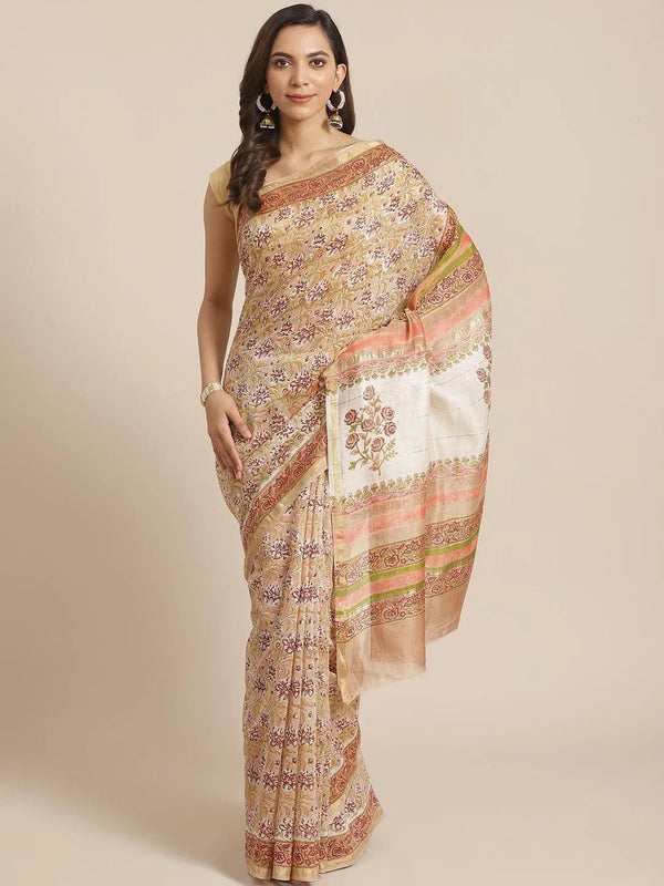 Beige Printed Cotton Silk Saree - Jashvi