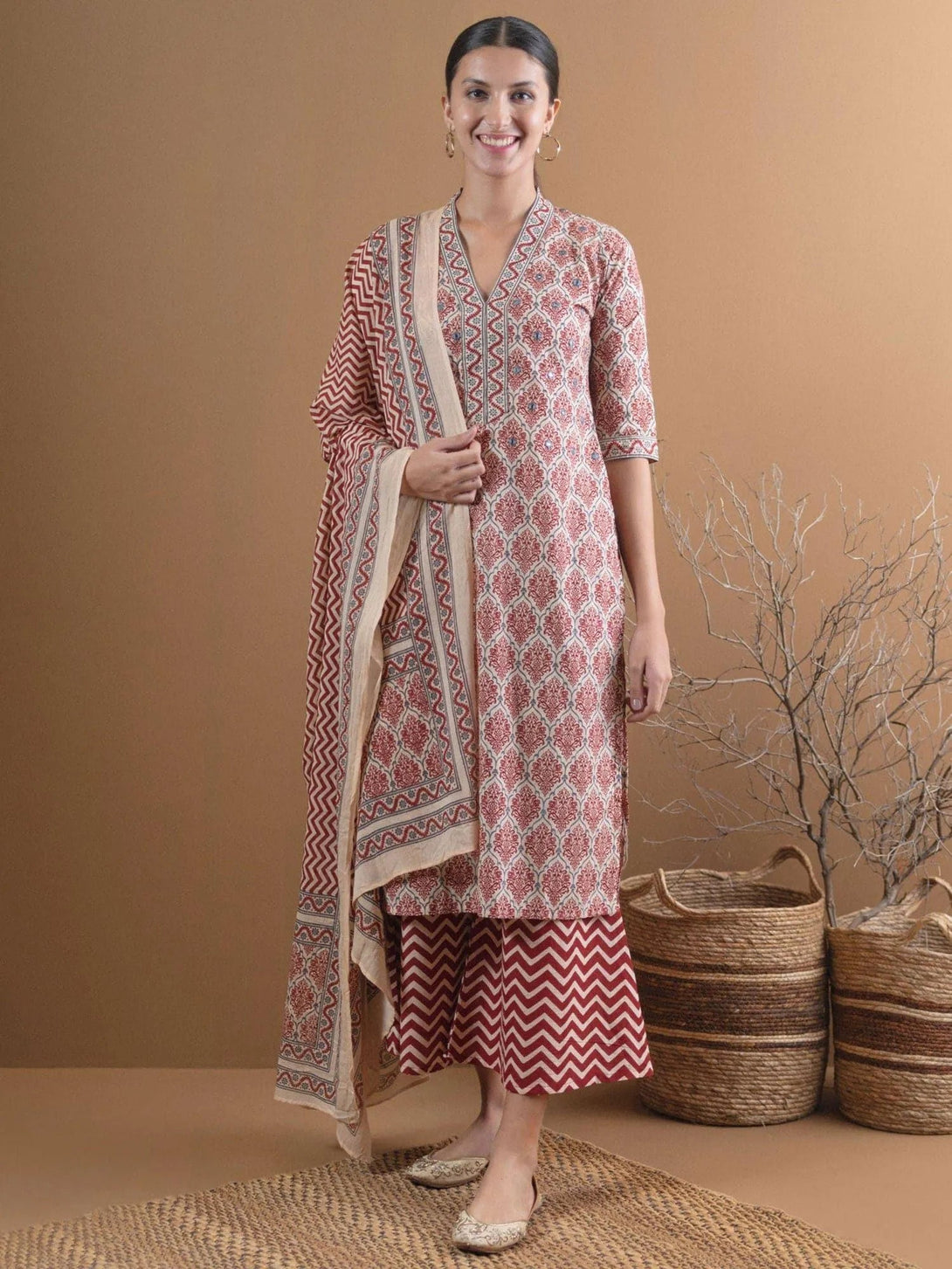 Beige Printed Cotton Straight Kurta With Palazzos & Dupatta - Jashvi