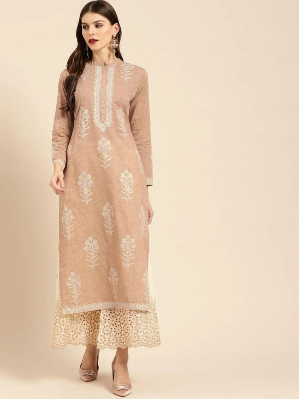 Beige Printed Cotton Kurta Set - Jashvi