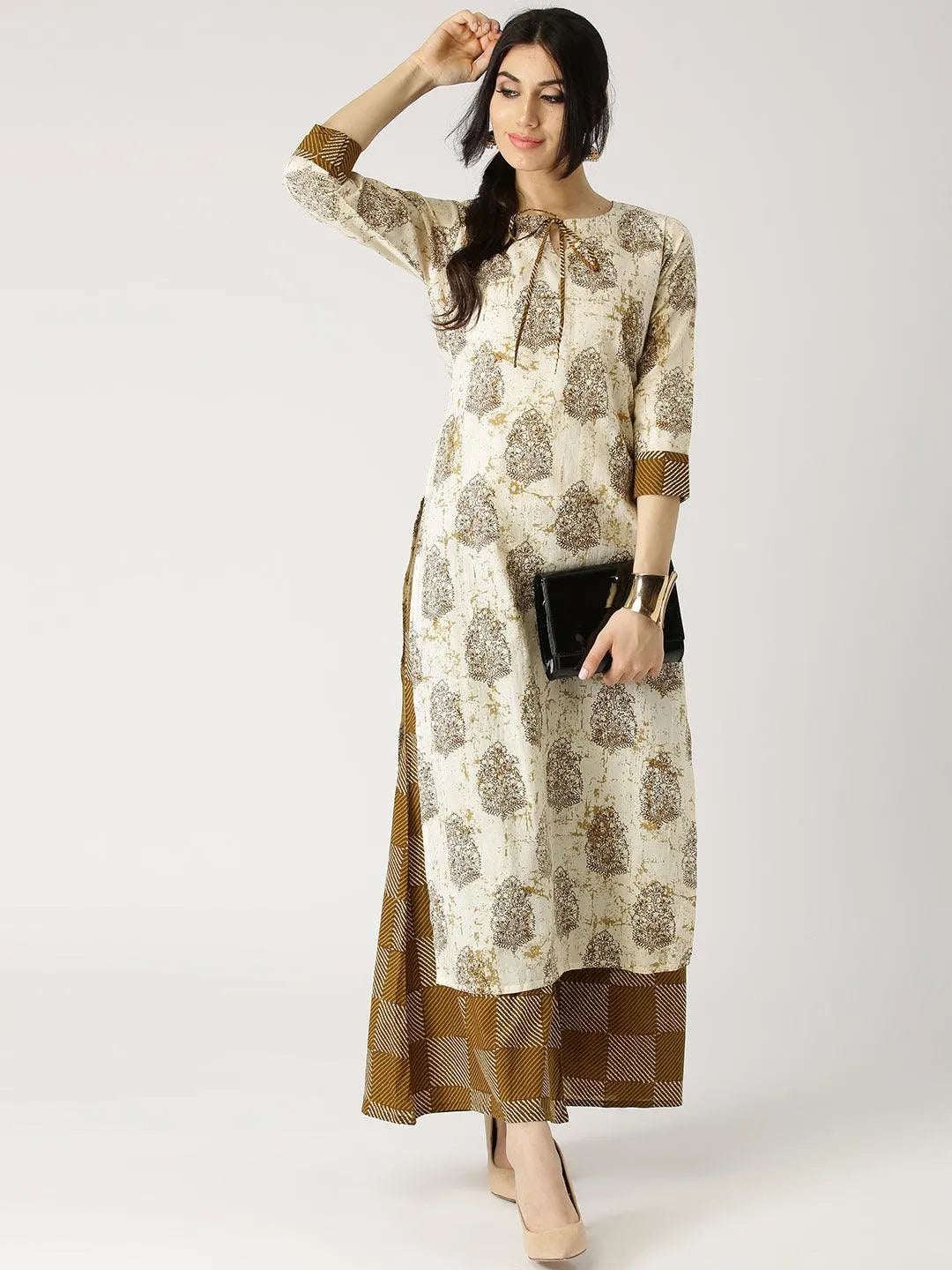 Beige Printed Cotton Kurta Set - Jashvi