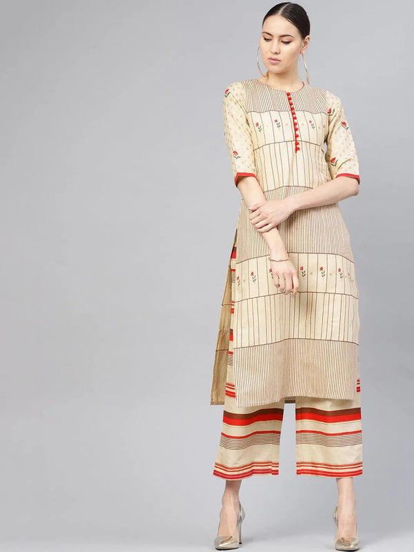 Beige Printed Cotton Kurta Set - Jashvi