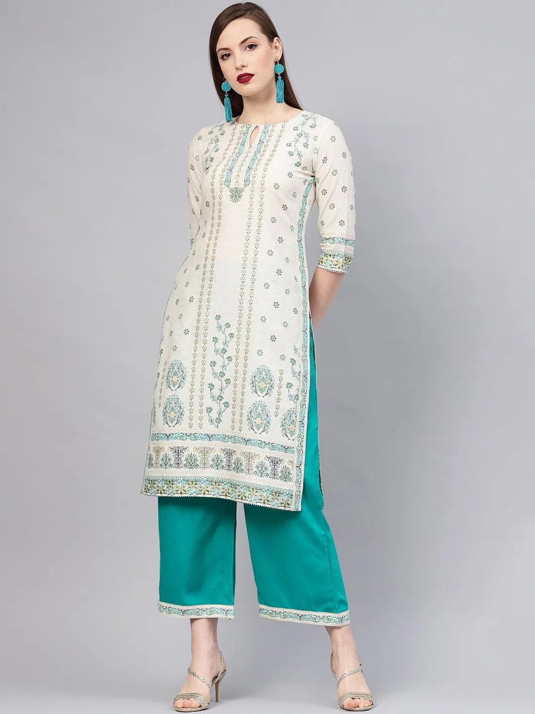 Beige Printed Cotton Kurta Set - Jashvi