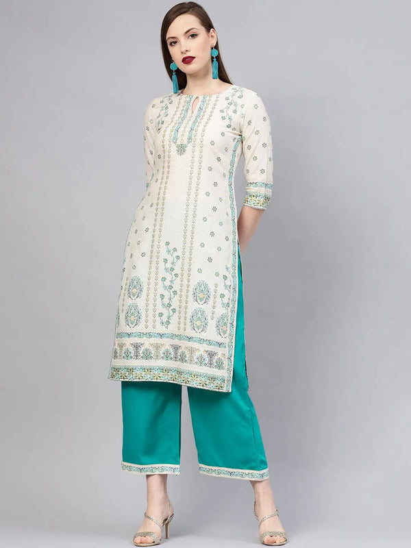 Beige Printed Cotton Kurta Set - Jashvi