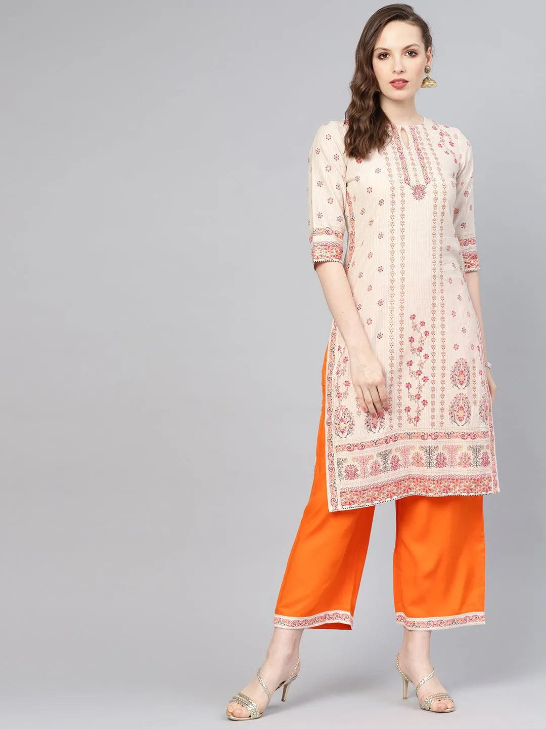 Beige Printed Cotton Kurta Set - Jashvi