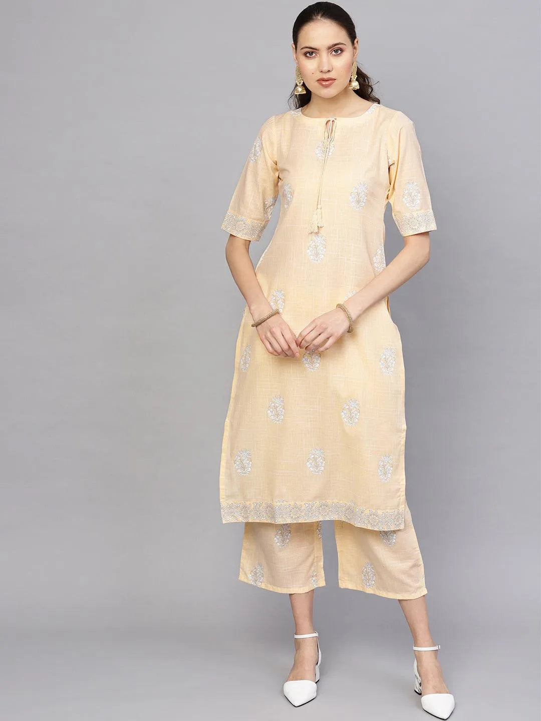 Beige Printed Cotton Kurta Set - Jashvi