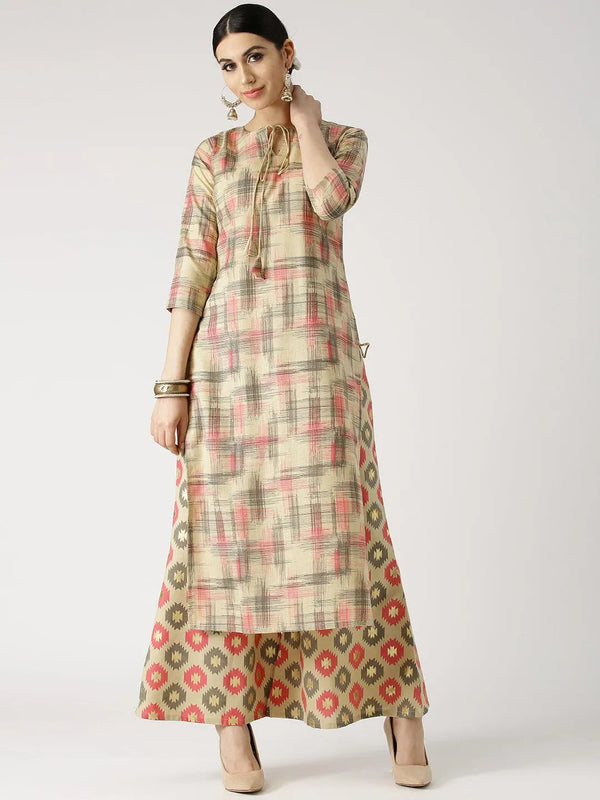 Beige Printed Cotton Kurta Set - Jashvi