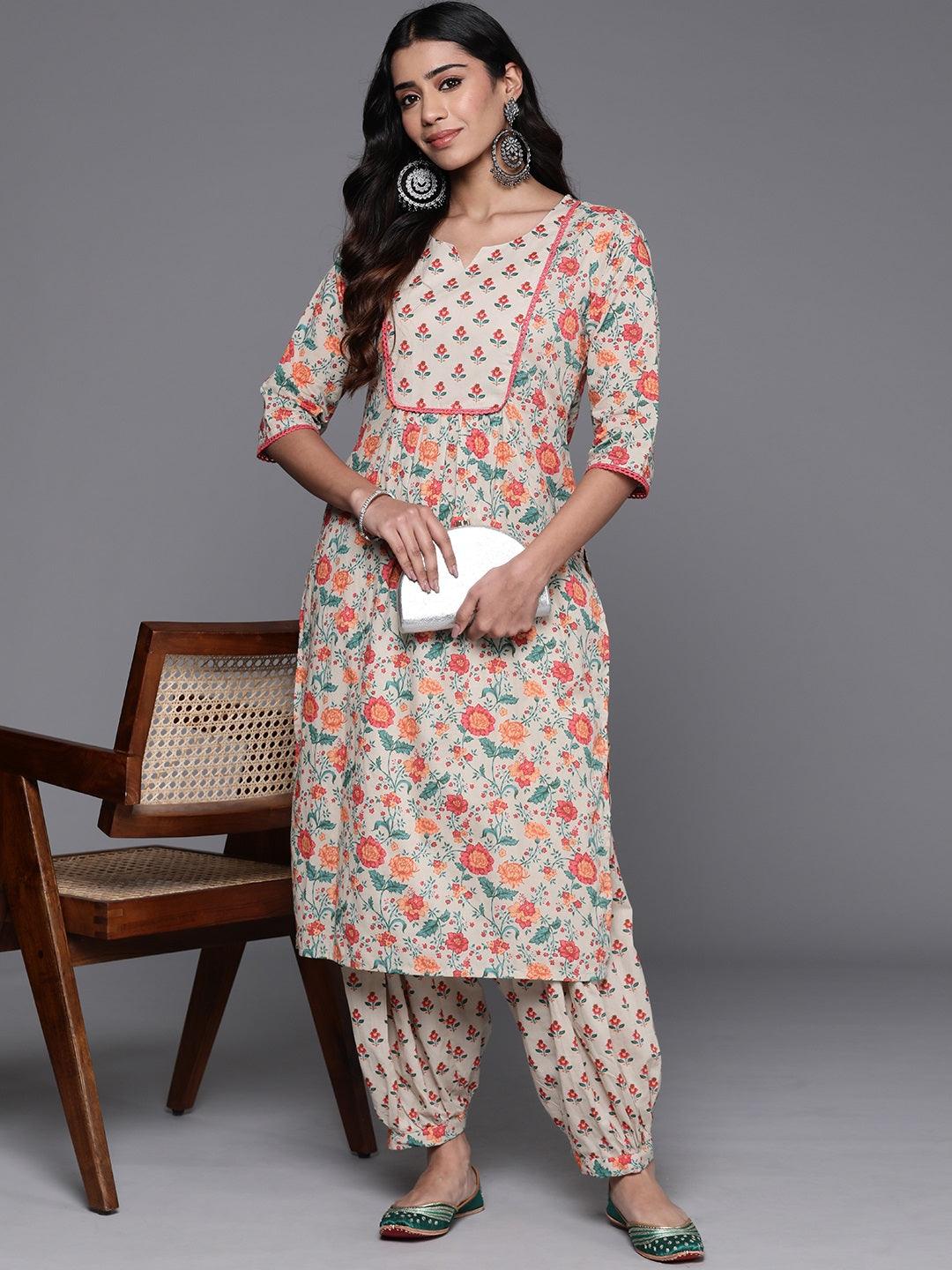 Beige Printed Cotton Straight Kurta With Salwar - Jashvi