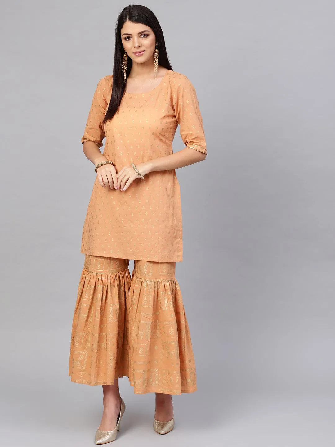 Beige Printed Cotton Kurta Set - Jashvi