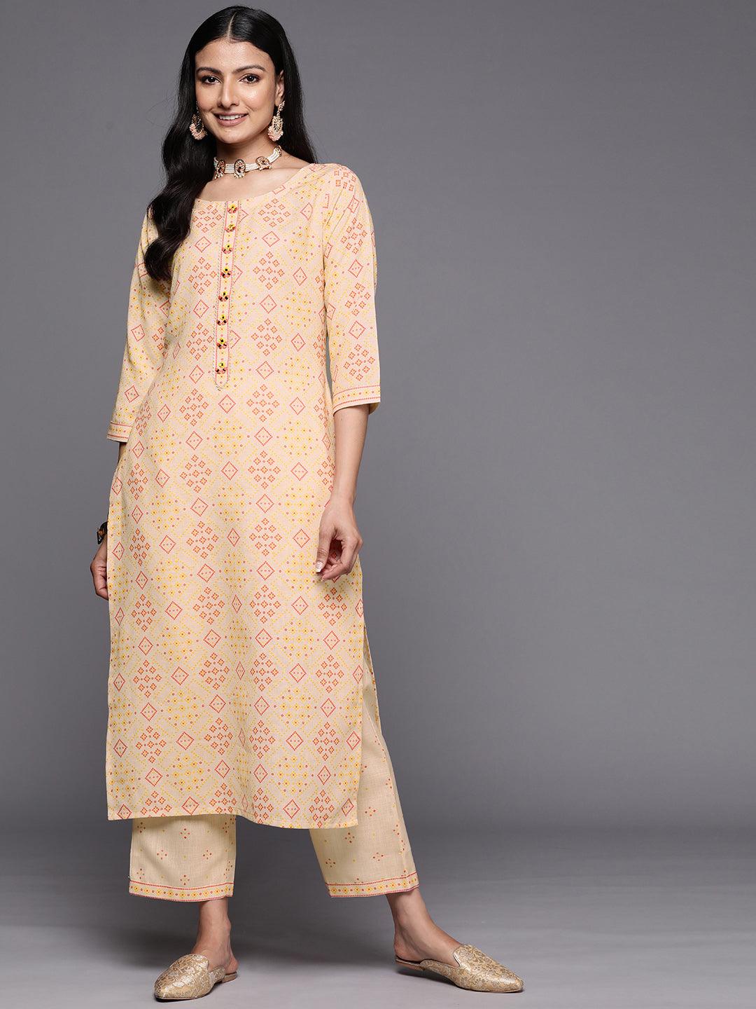 Beige Printed Cotton Straight Kurta Set With Trousers - Jashvi