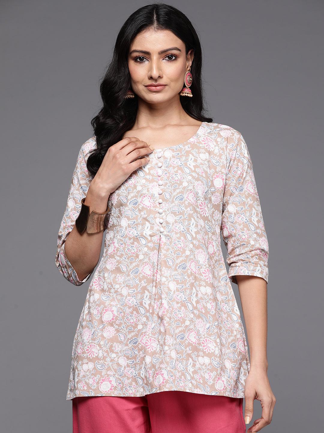 Beige Printed Cotton Straight Kurti - Jashvi