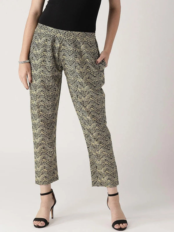 Beige Printed Cotton Trousers - Jashvi