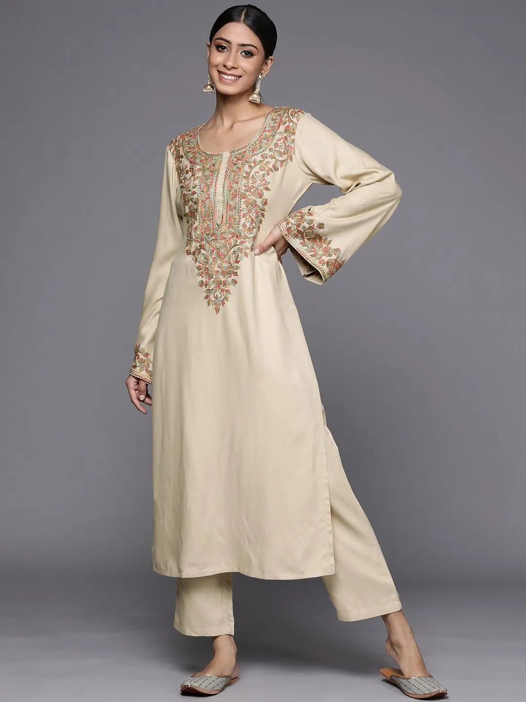 Beige Printed Pashmina Wool Kurta - Jashvi