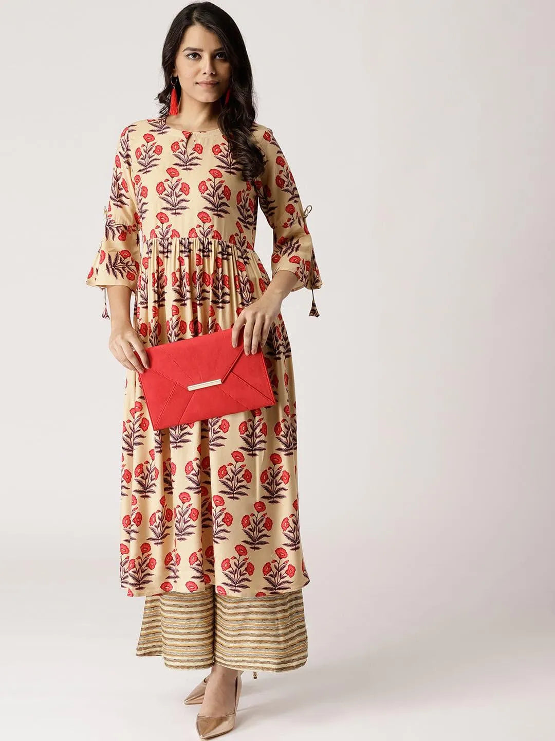 Beige Printed Rayon Kurta Set - Jashvi