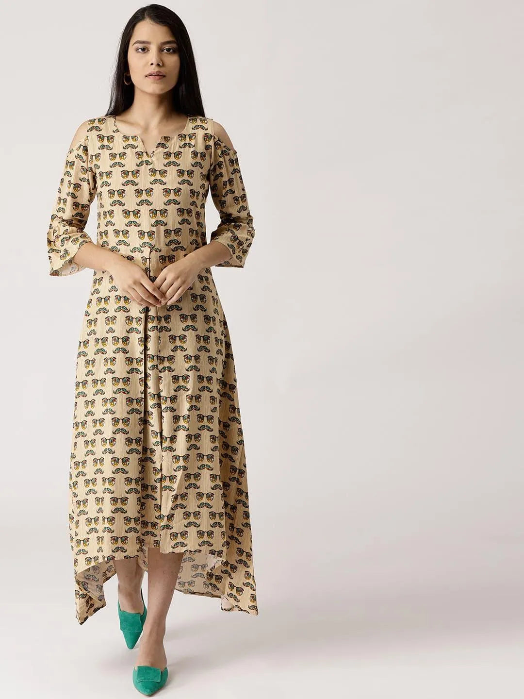 Beige Printed Rayon Dress - Jashvi