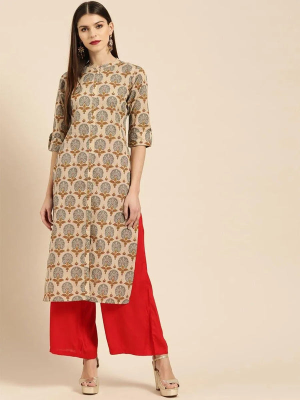 Beige Printed Rayon Kurta - Jashvi