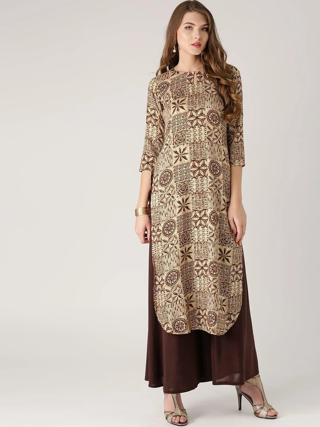 Beige Printed Rayon Kurta - Jashvi