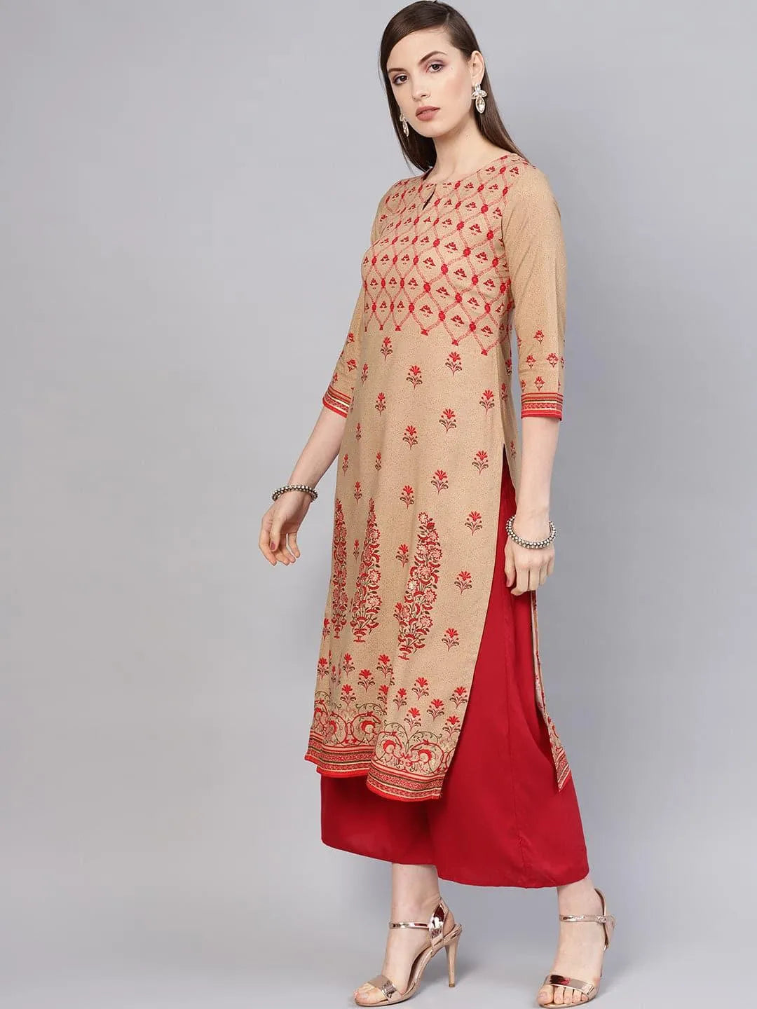 Beige Printed Rayon Kurta - Jashvi