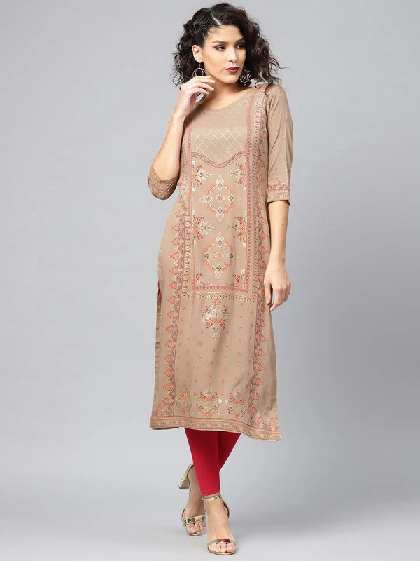 Beige Printed Rayon Kurta - Jashvi