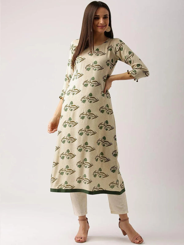 Beige Printed Rayon Kurta - Jashvi