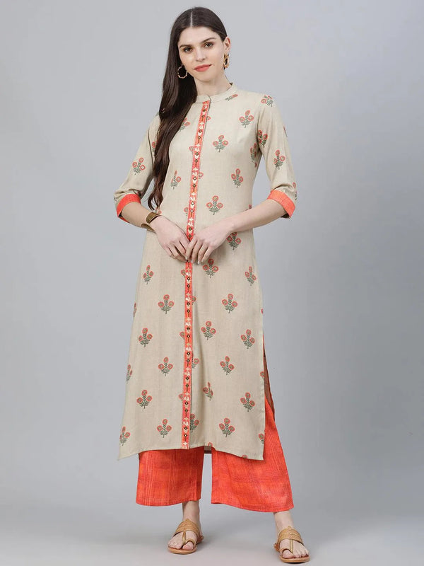 Beige Printed Rayon Kurta Set - Jashvi