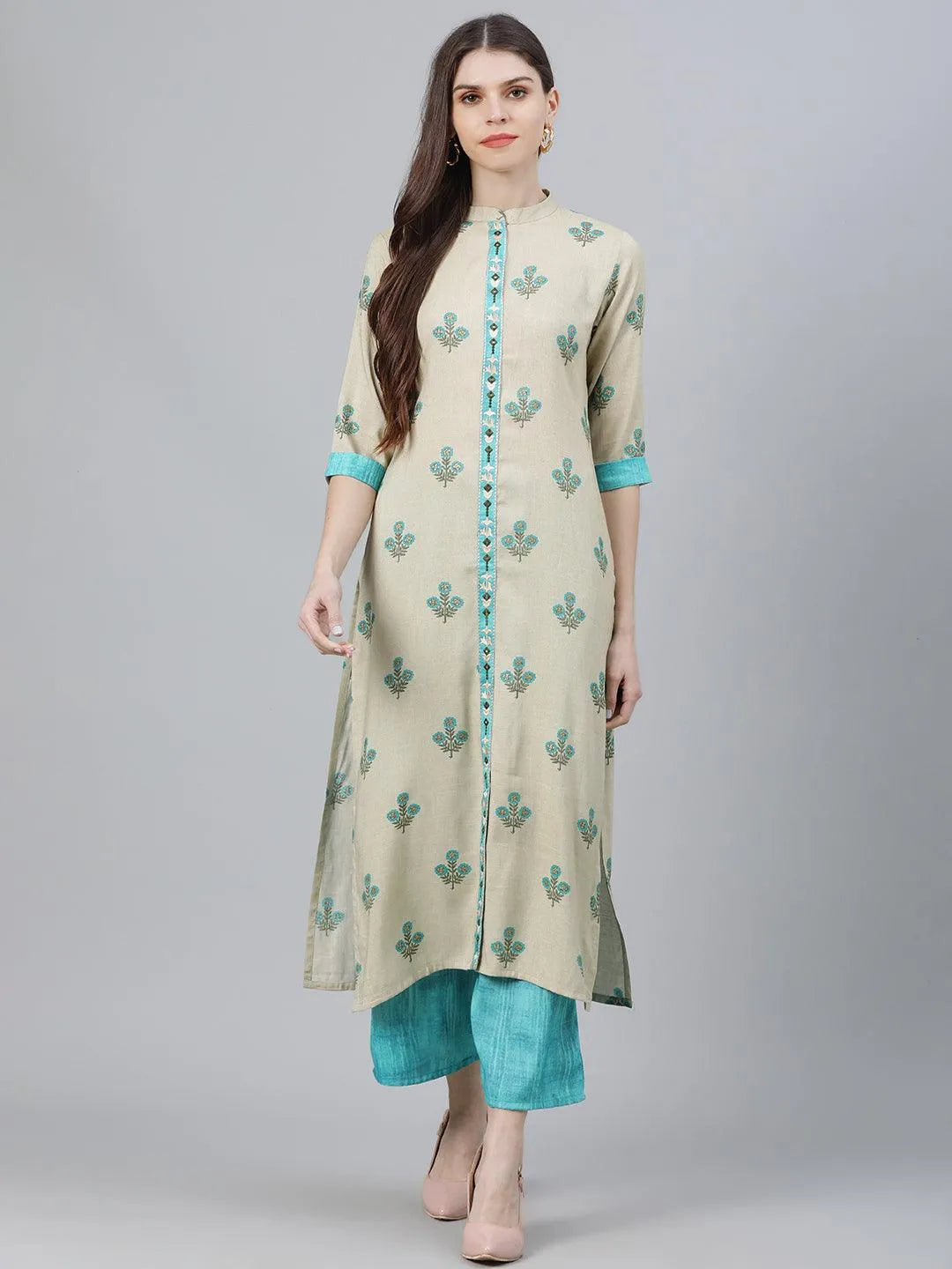 Beige Printed Rayon Kurta Set - Jashvi