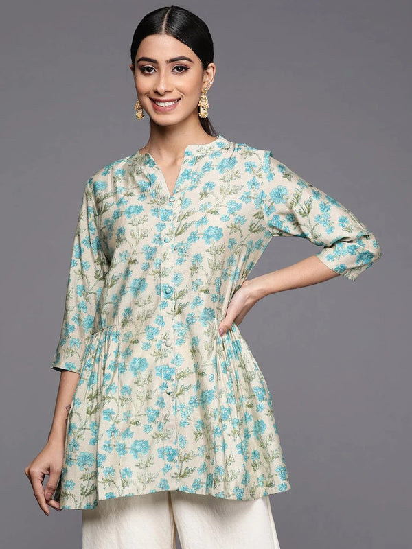 Beige Printed Silk Blend A-Line Kurti - Jashvi