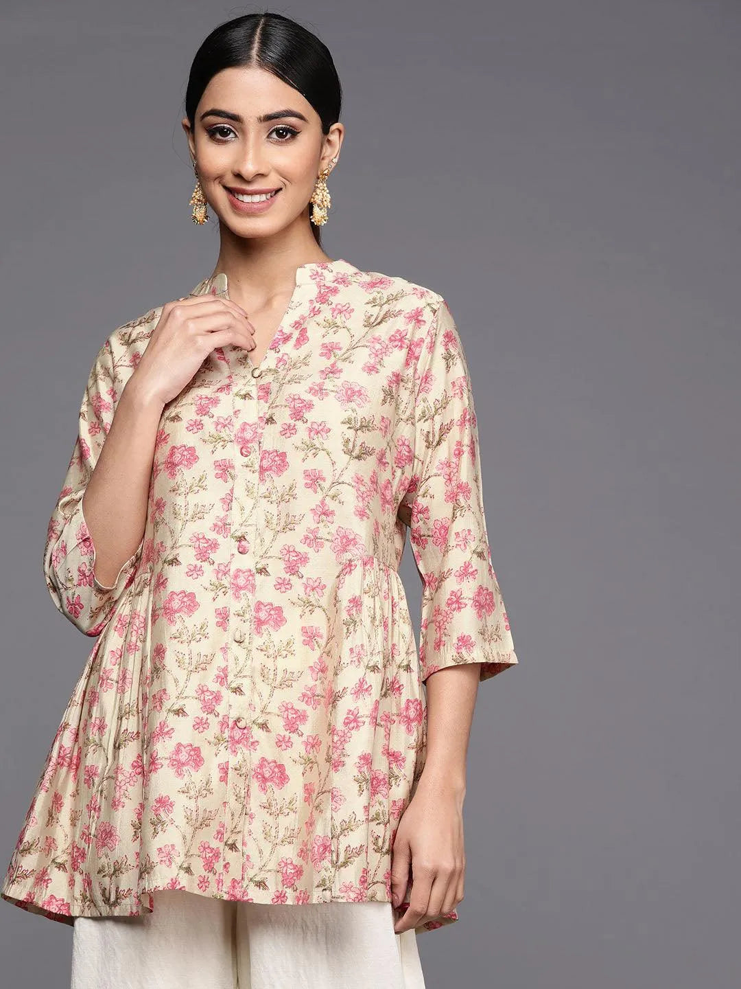 Beige Printed Silk Blend A-Line Kurti - Jashvi