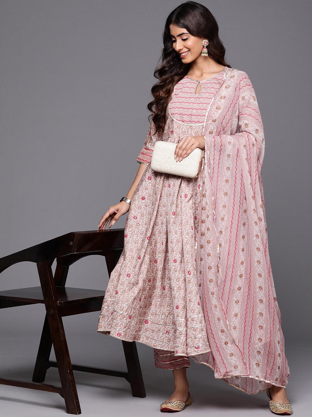 Beige Printed Silk Blend Anarkali Kurta With Trousers & Dupatta - Jashvi