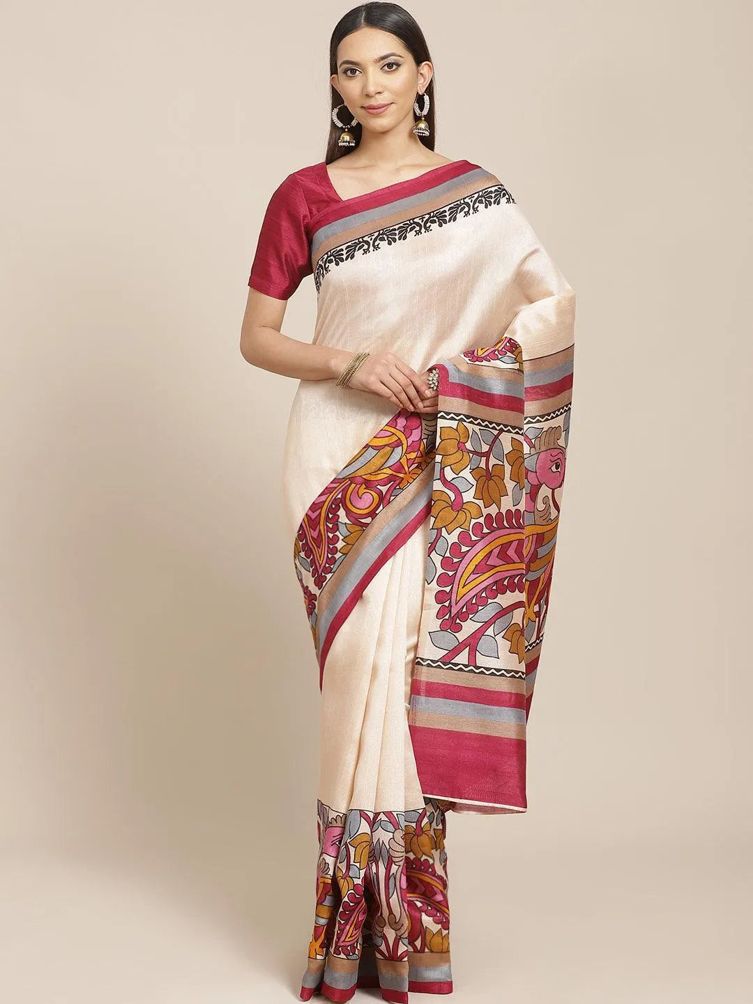 Beige Printed Silk Blend Saree - Jashvi