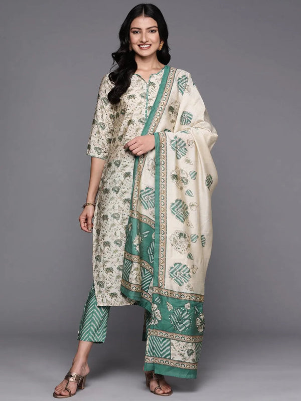 Beige Green Printed Silk Blend Straight Suit Set With Trousers - Jashvi