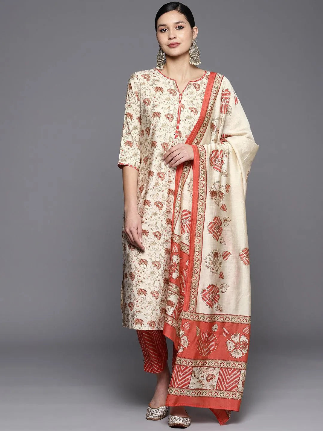 Beige Printed Silk Blend Straight Suit Set With Trousers - Jashvi