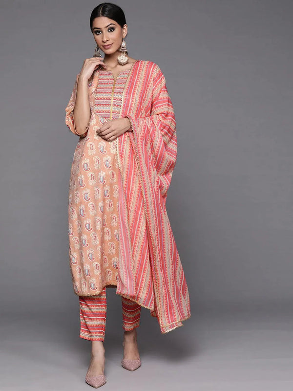 Beige Printed Silk Suit Set - Jashvi