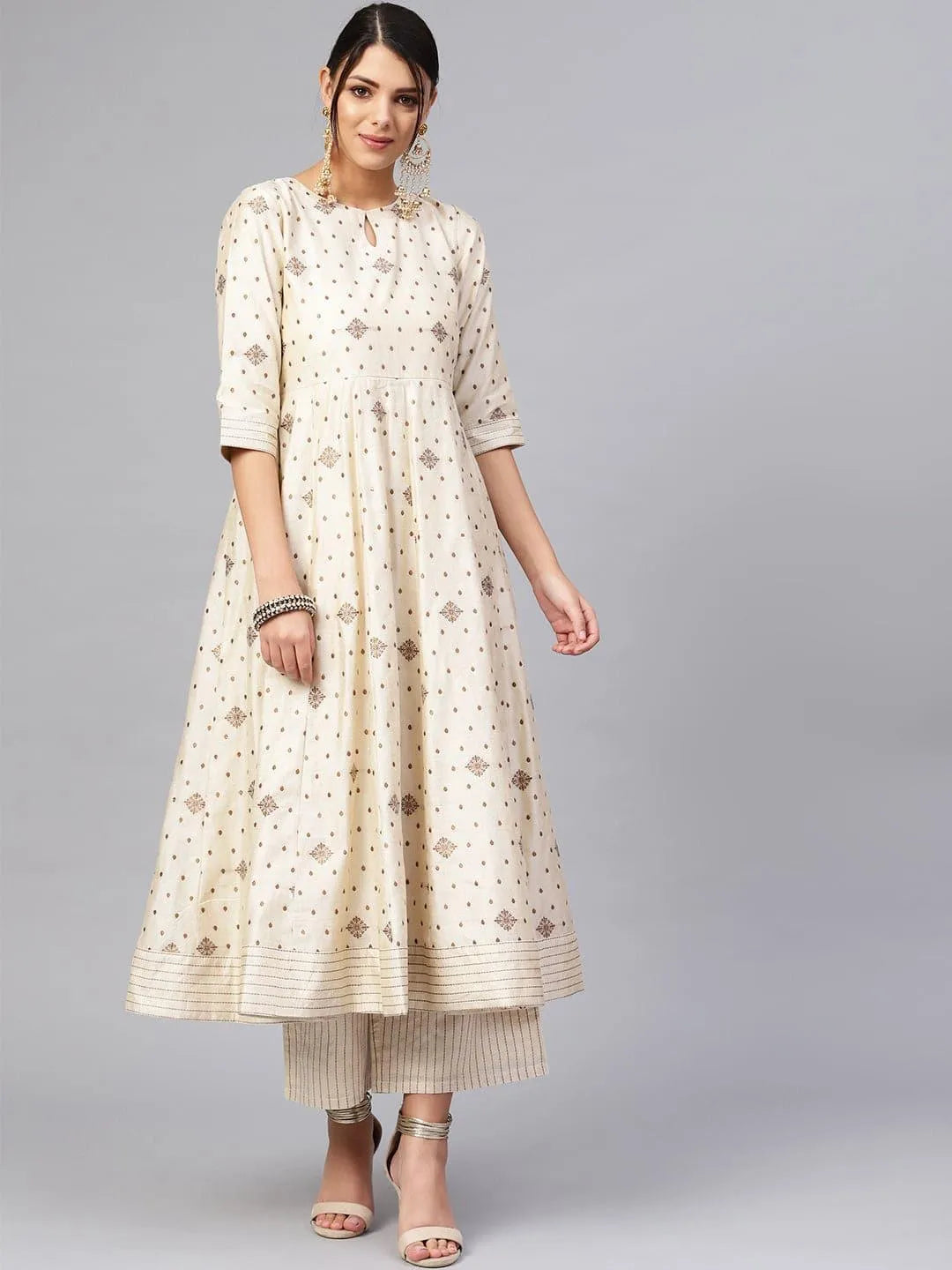 Beige Self Design Chanderi Kurta Set - Jashvi