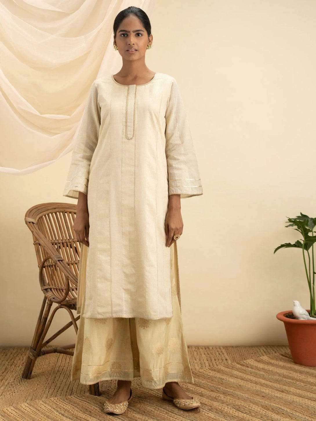 Beige Design Chanderi Silk Kurta Set - Jashvi