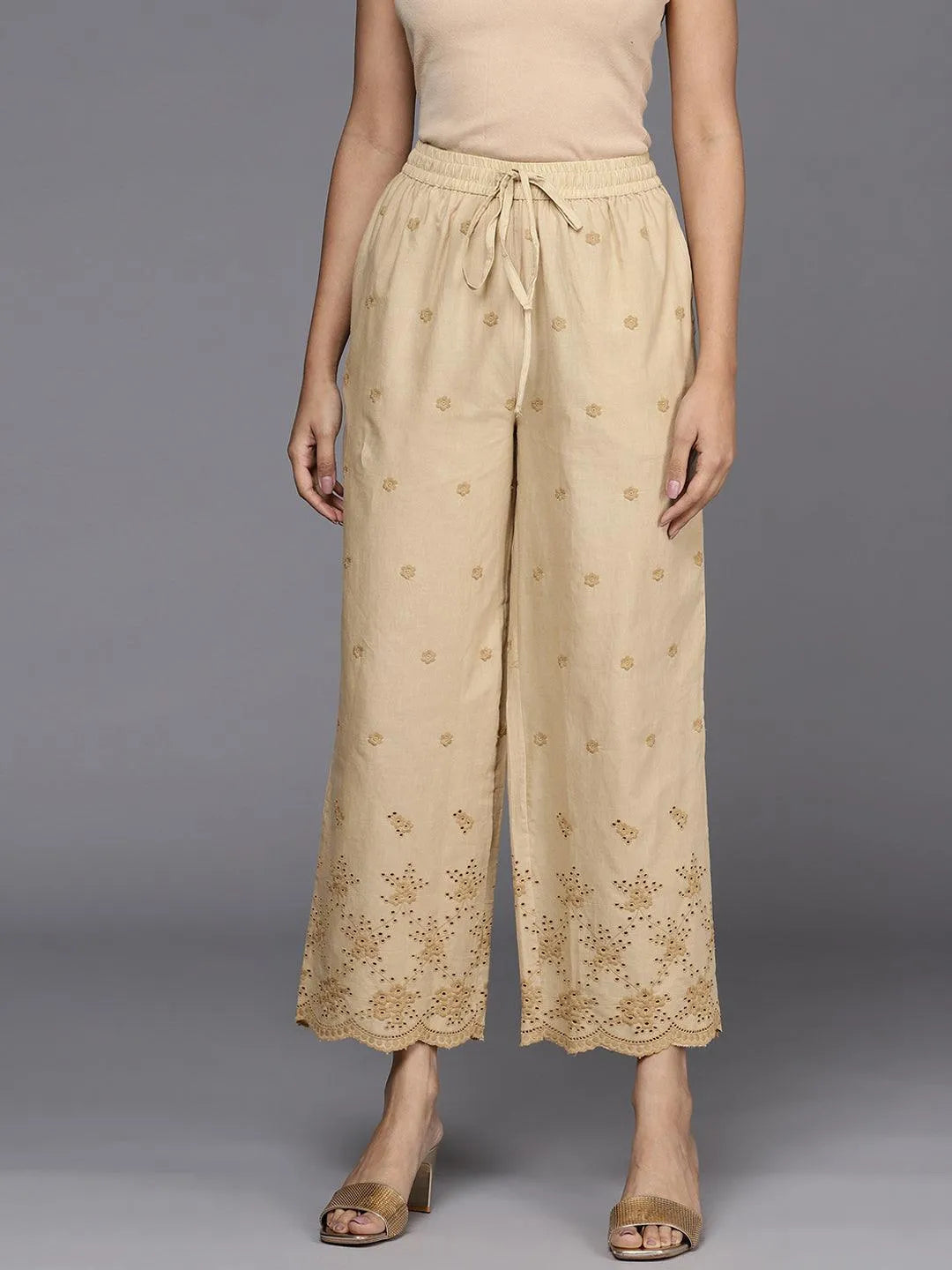 Beige Self Design Cotton Palazzos - Jashvi