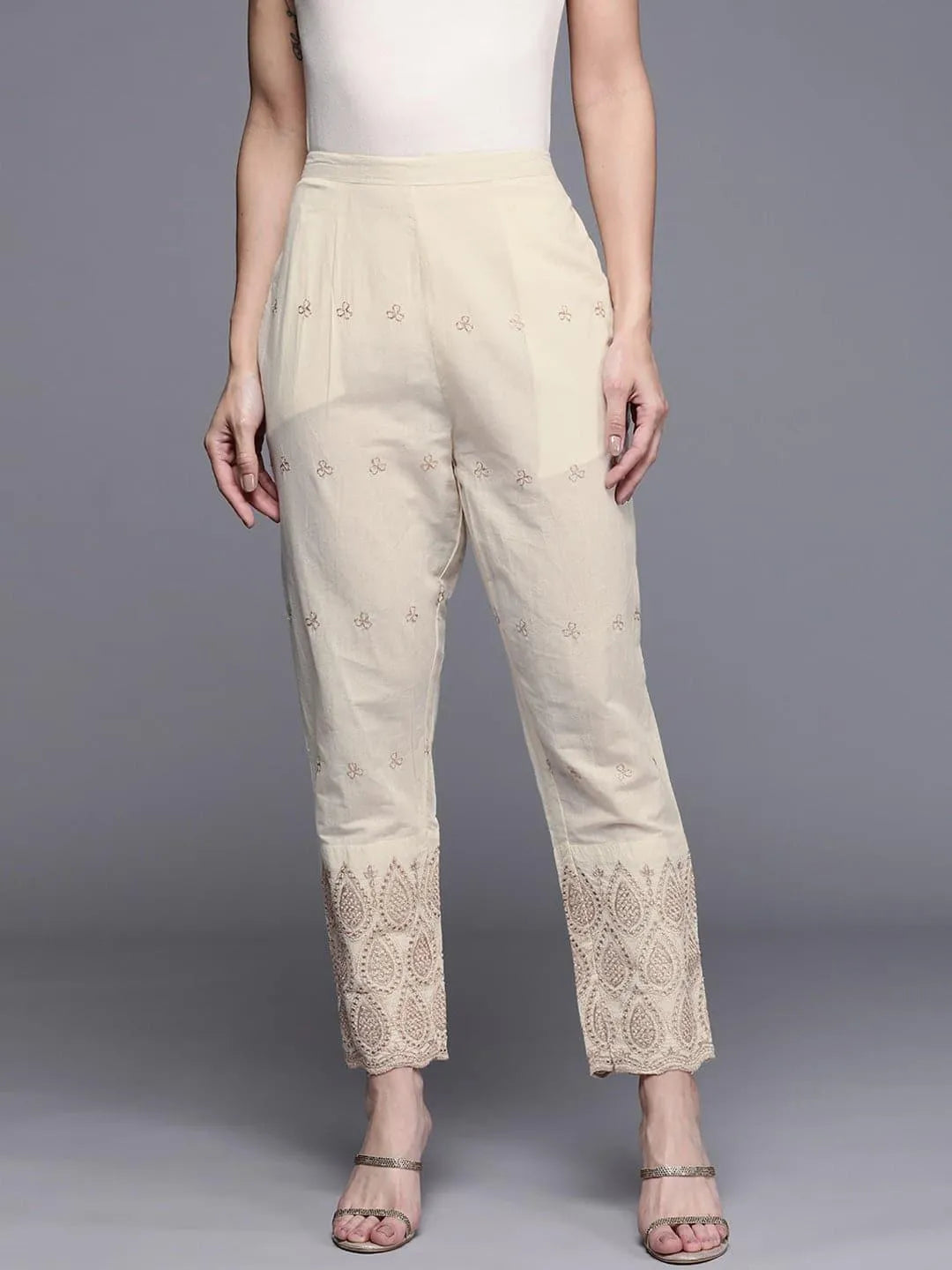 Beige Self Design Cotton Trousers - Jashvi