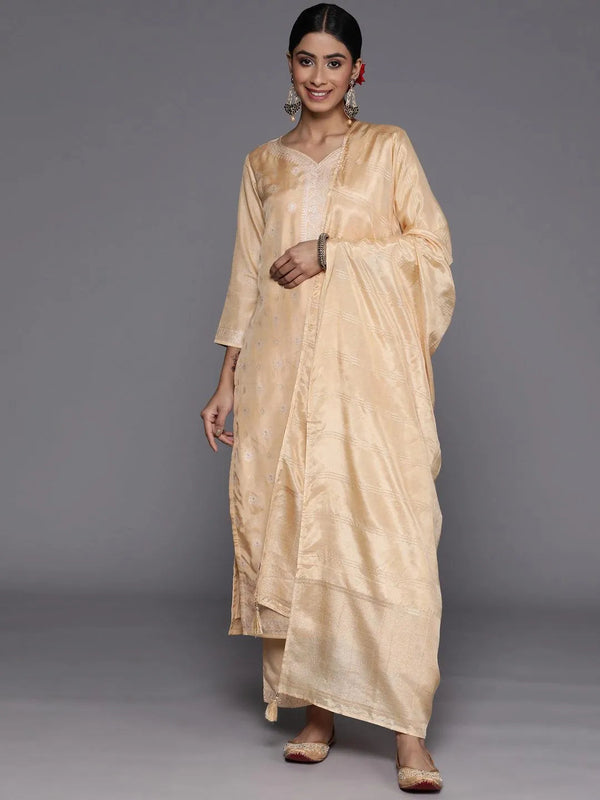 Beige Self Design Silk Blend Suit Set With Trousers - Jashvi