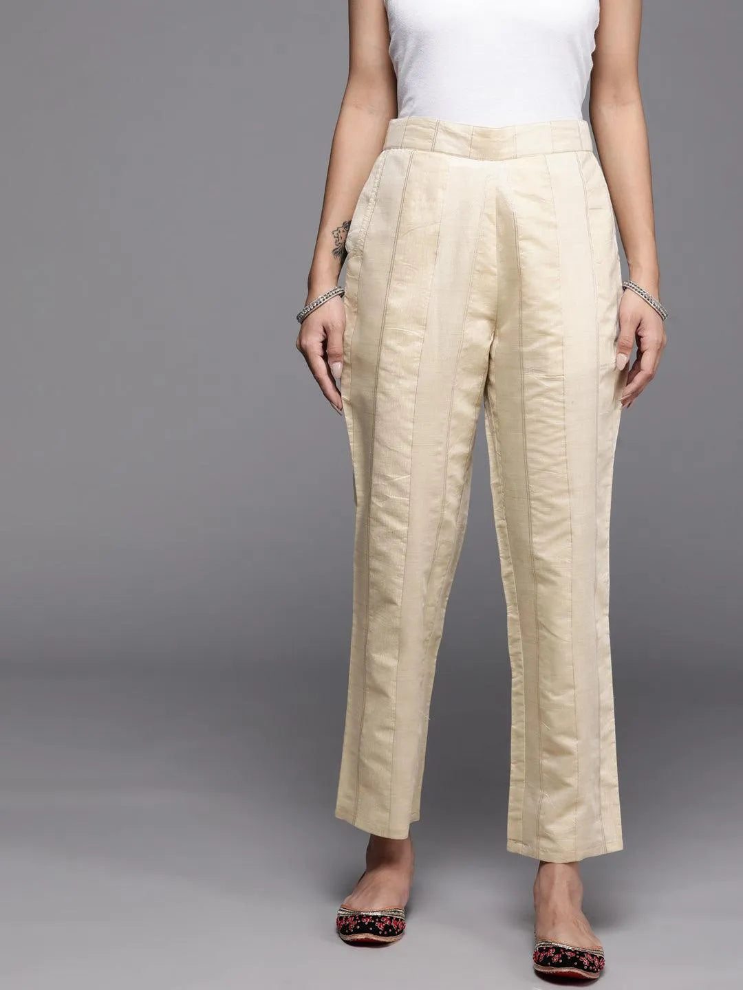 Beige Self Design Silk Trousers - Jashvi