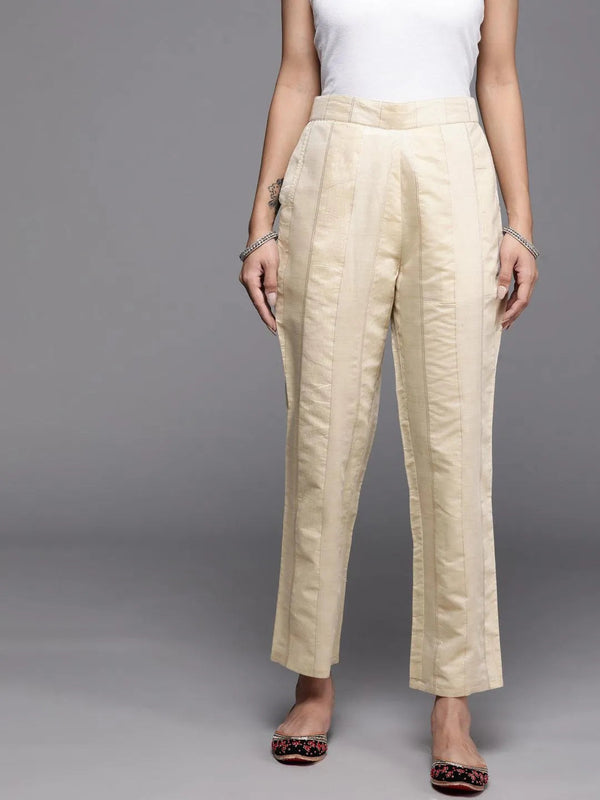 Beige Self Design Silk Trousers - Jashvi