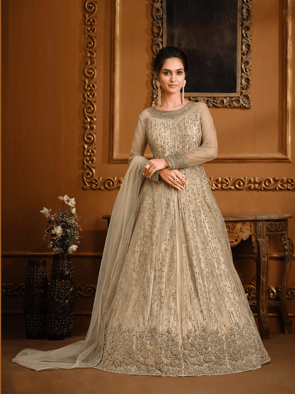 Women's Beige Soft Net Heavy Designer Embroidery Diamond Kurta Set - Odette