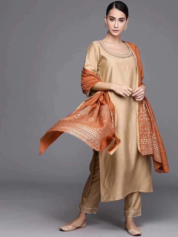 Beige Solid Chanderi Silk Suit Set - Jashvi