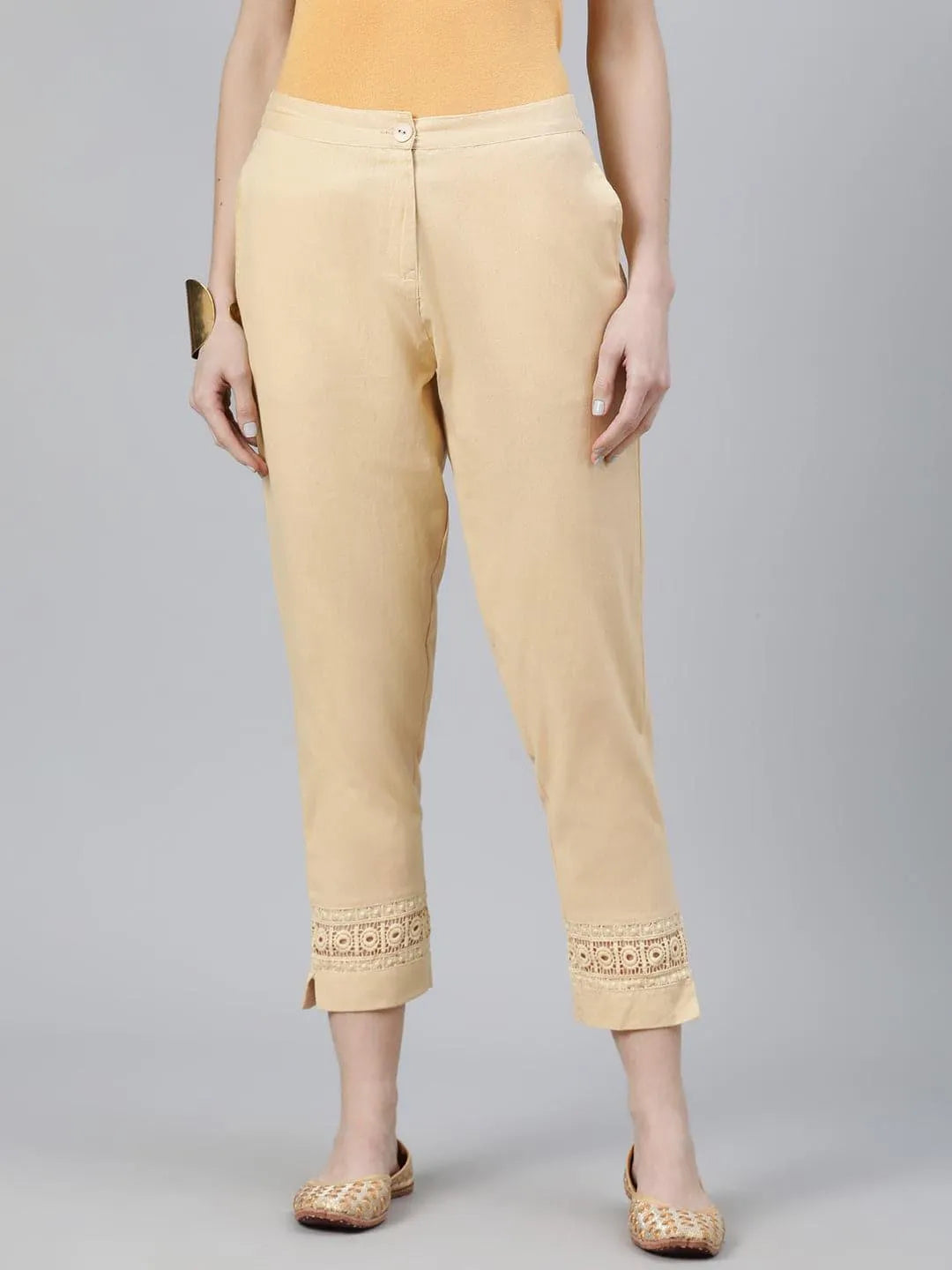 Beige Solid Cotton Palazzos - Jashvi