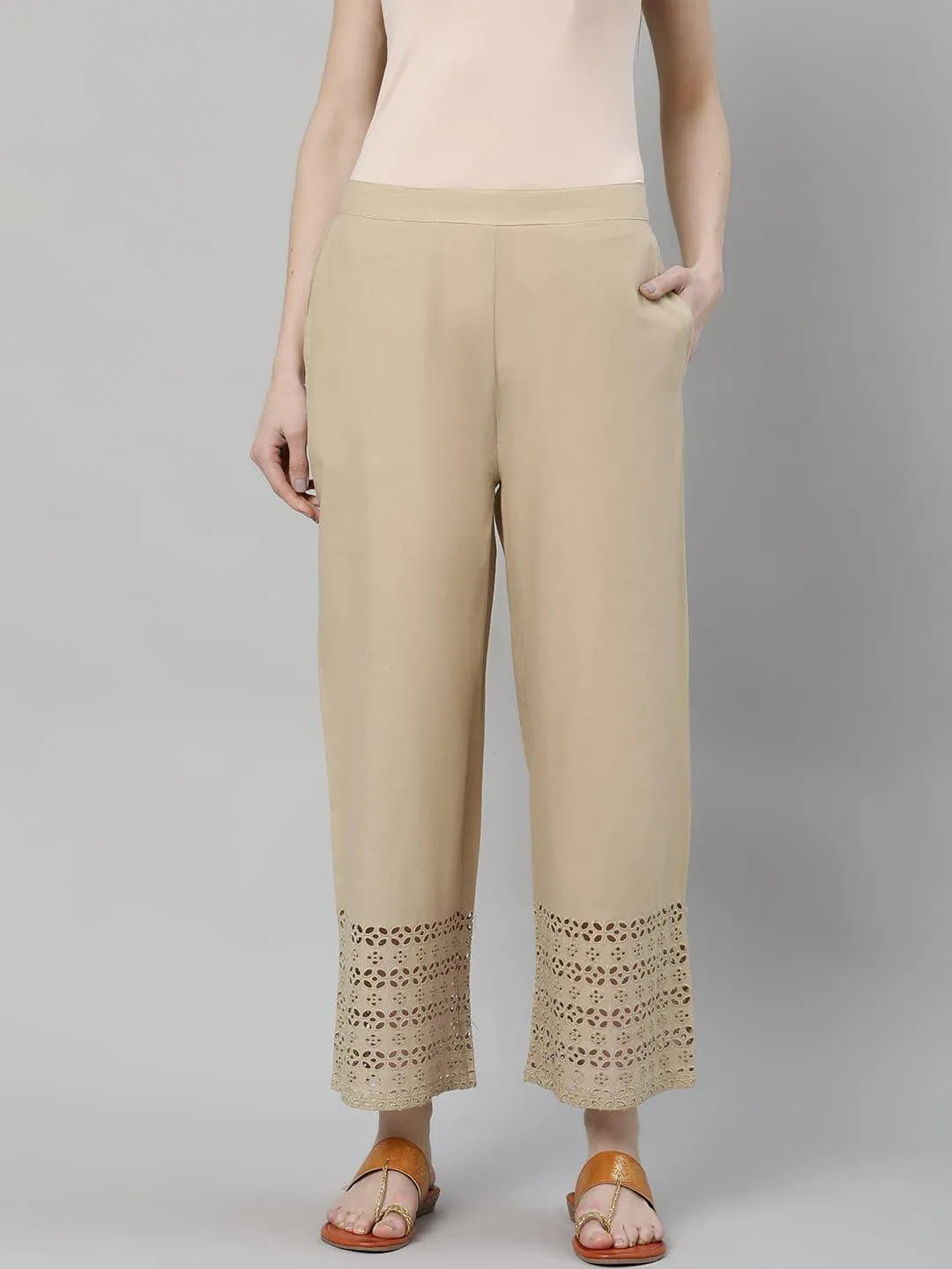 Beige Solid Cotton Palazzos - Jashvi